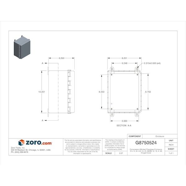 Nvent Hoffman Fiberglass Electrical Enclosures, 10 in H, 6 in D, 8 in W, NEMA 4X, Hinged - A1086CHSCFG