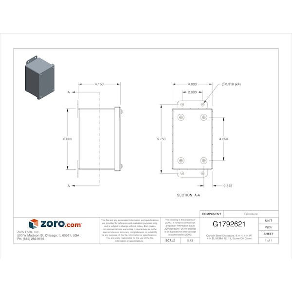 Wiegmann Carbon Steel Electrical Enclosures, 6 in H, 4 in D, 4 in W, NEMA 12, Screw On - B060404SC