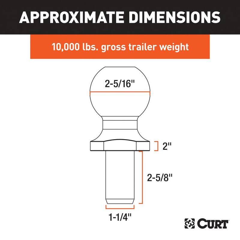 CURT 2-5/16" Trailer Hitch Tow Ball (1-1/4" x 2-5/8" Shank, 2" Rise, 10,000 lbs., Chrome) - 40036