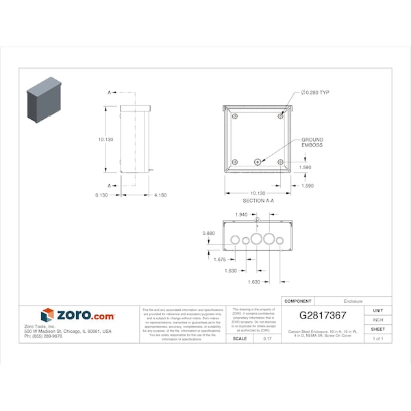 Wiegmann Carbon Steel Electrical Enclosures, 10 in H, 4 in D, 10 in W, NEMA 3R, Screw On - RSC101004