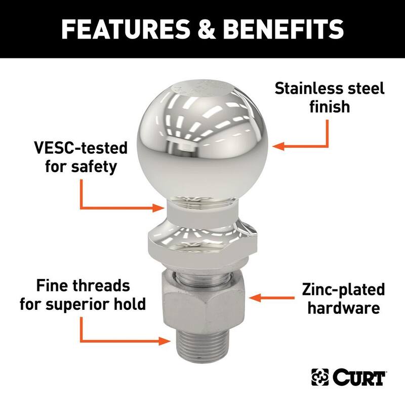 CURT 2" Trailer Hitch Tow Ball (1" x 2-1/8" Shank, 6,000 lbs., Stainless, Packaged) - 40083