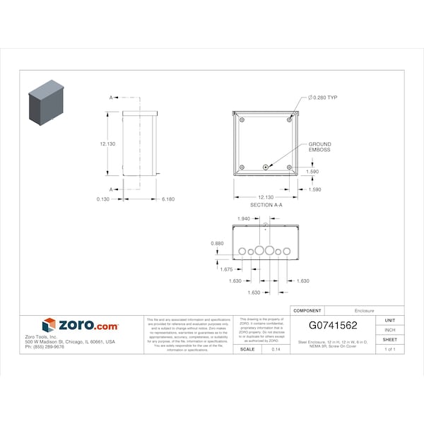 Wiegmann Carbon Steel Electrical Enclosures, 12 in H, 6 in D, 12 in W, NEMA 3R, Screw On - RSC121206G