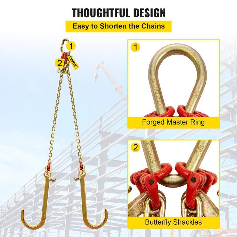 VEVOR V Bridle Tow Chain 2 ft. x 5/16 in. G80 V-Bridle Transport Chain 9260 Lbs. Load with TJ/Crab Hooks Pear Link Connector - SZGLRJG5162FT0001V0