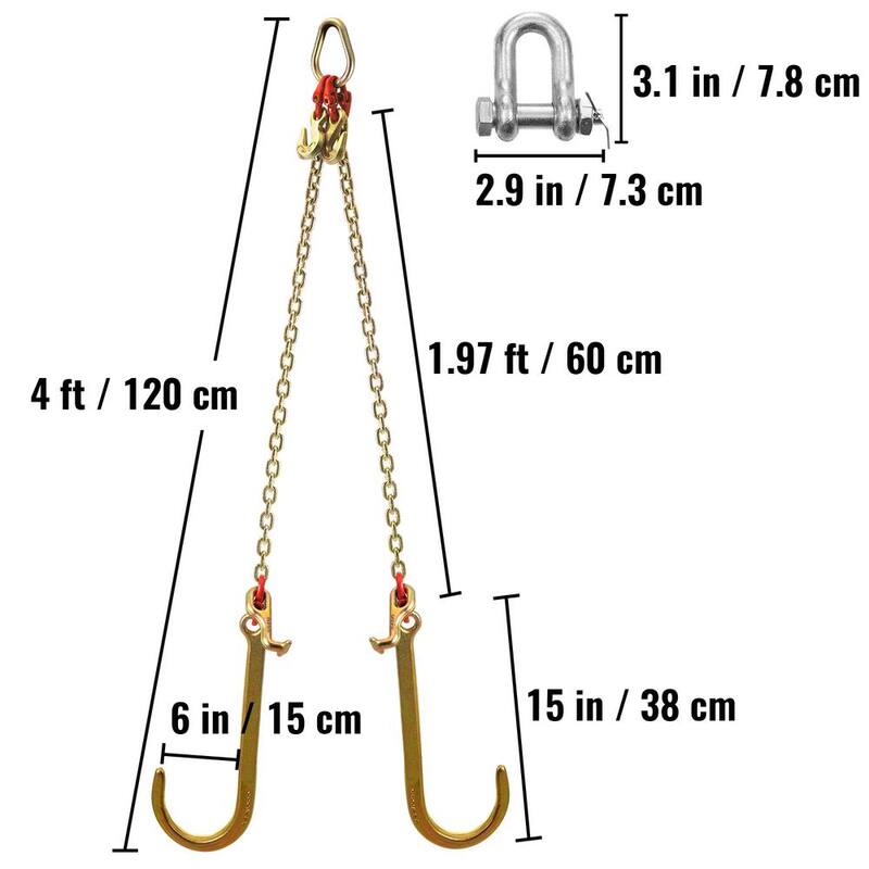 VEVOR V Bridle Tow Chain 2 ft. x 5/16 in. G80 V-Bridle Transport Chain 9260 Lbs. Load with TJ/Crab Hooks Pear Link Connector - SZGLRJG5162FT0001V0