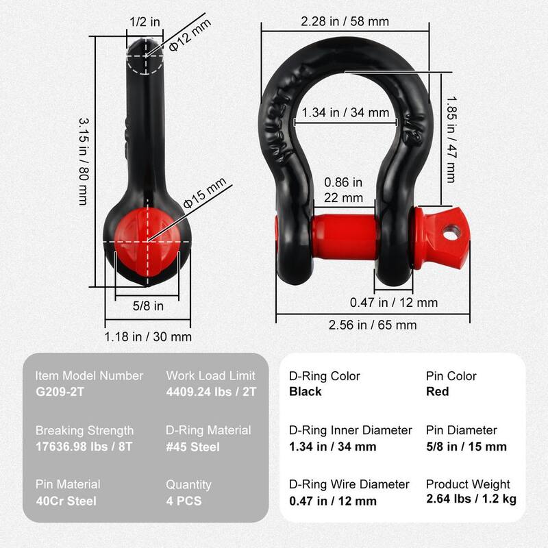 VEVOR 4 Shackle Alloy Steel Cable 8 T Break 1/2 in. D-Ring Strength Heavy Duty Recovery Shackle Tow Ropes Accessories Black - JPXKHSHJG12YSLGW9V0