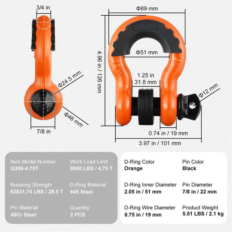 VEVOR 2 Pack 3/4 in. D-Ring Shackle Steel Cable 28.5 T Break Strength Heavy Duty Off Road Vehicle Shackle Chains Orange - JPXKHJG34YC4VHK9KV0