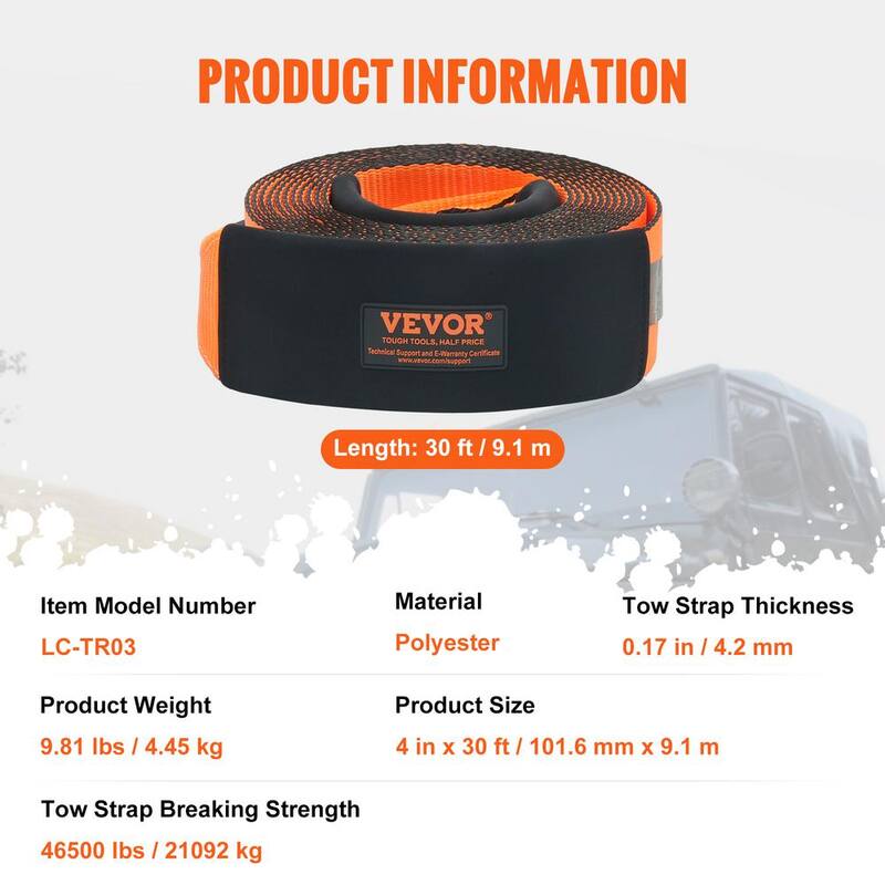 VEVOR 30 in. Recovery Tow Rope 46500 lbs. Heavy-Duty Off Road Snatch Strap Extreme Duty Energy Snatch Strap for Jeep Truck ATV - DZDL4IN30FTC67B2XV0
