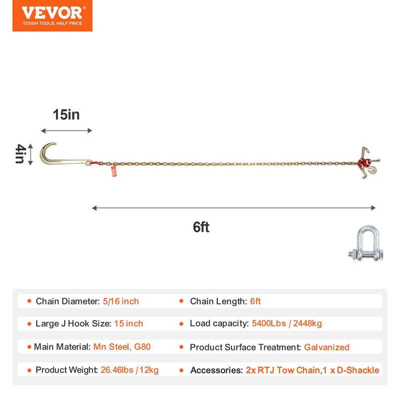 VEVOR 2-Pieces 5/16 in. x 6 ft. G80 Tow Chain 1 5 in. J Hook Long Shank RTJ and Grab Hooks Wrecker - RTJGTLMGDX2JFH5FDV0