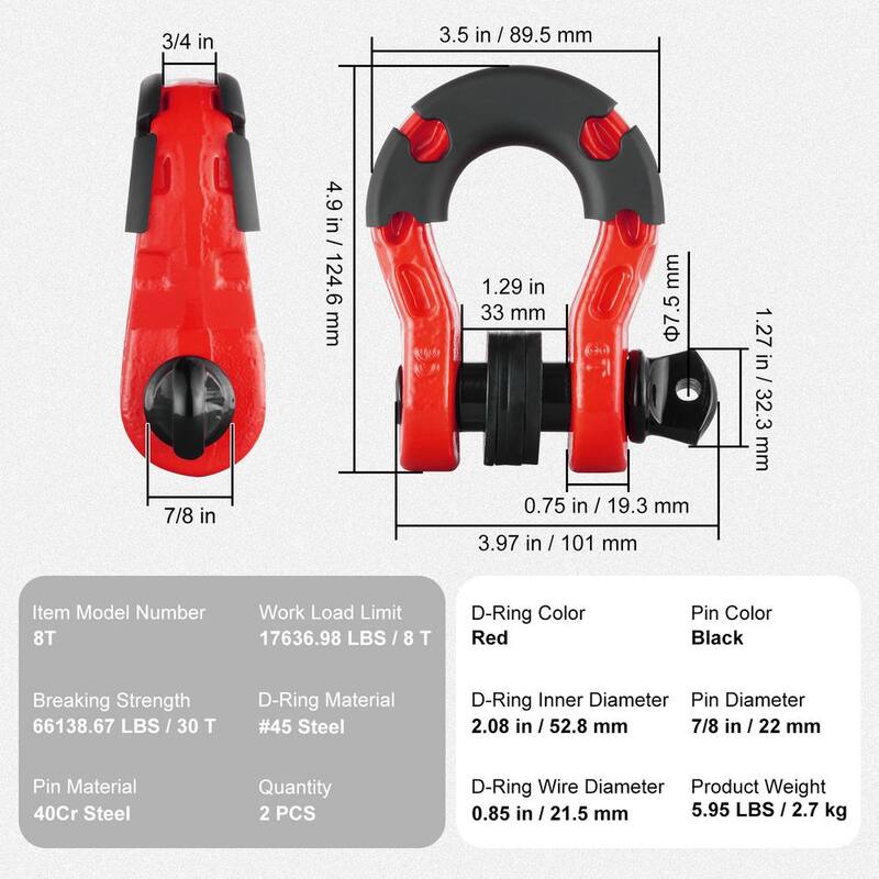 VEVOR 2 x Alloy Steel Shackles 30 T Break Strength 3/4 in. D-Ring Chain Heavy Duty Recovery Tow Ropes Shackle Red - JPXKLSHJG34YTN0H5V0