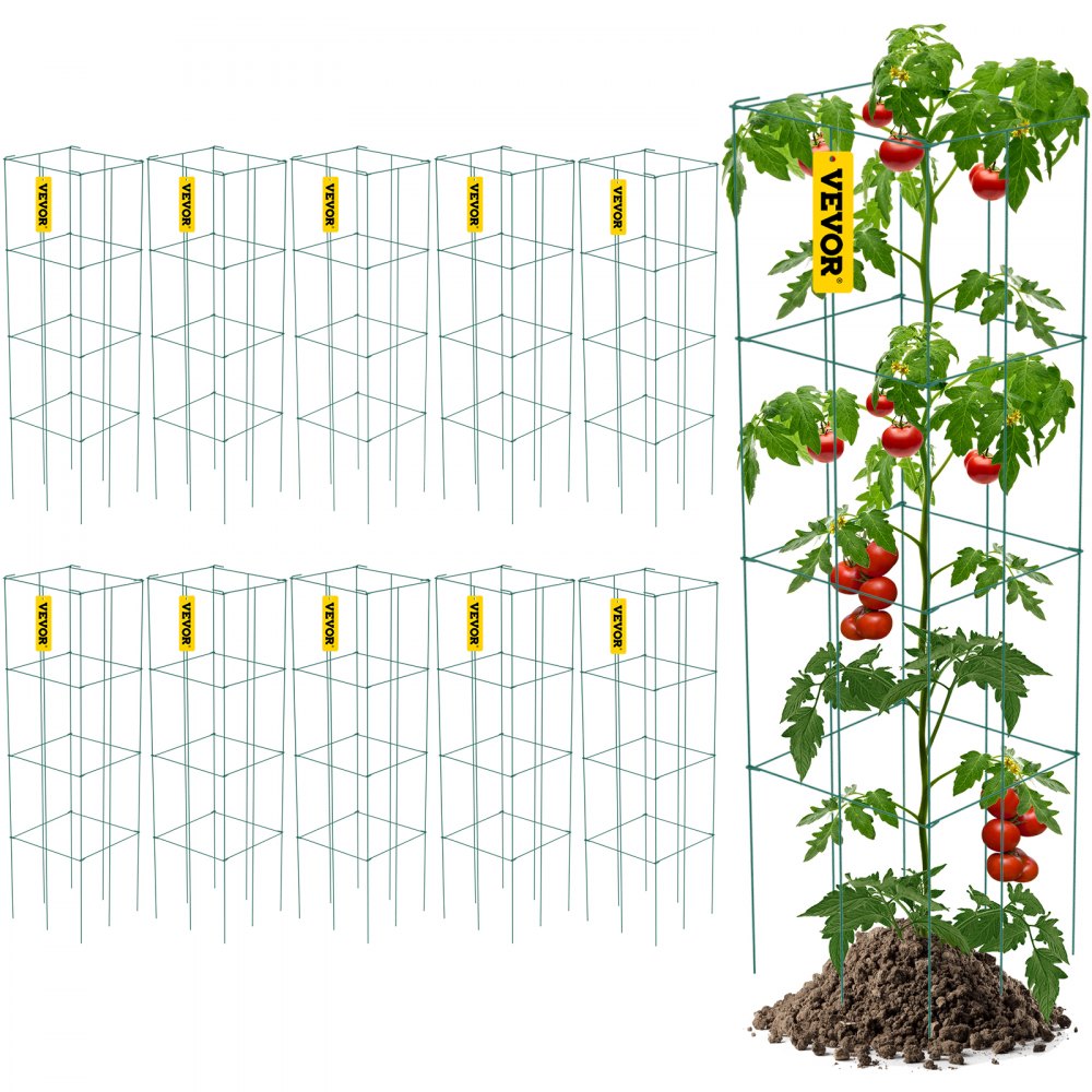 VEVOR Tomato Cages, 11.8" x 11.8" x 46.1", 10 Packs Square Plant Support Cages, Green PVC-Coated Steel Tomato Towers for Climbing Vegetables, Plants, Flowers, Fruits - FXKZDFQZZ12468SD0V0