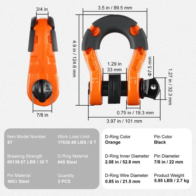 VEVOR 2 Pack 3/4 in. D-Ring Shackle Steel Shackles Cable 30 T Break Strength Heavy Duty Recovery Shackle Cables - JPXKCSHJG34YVUQMSV0