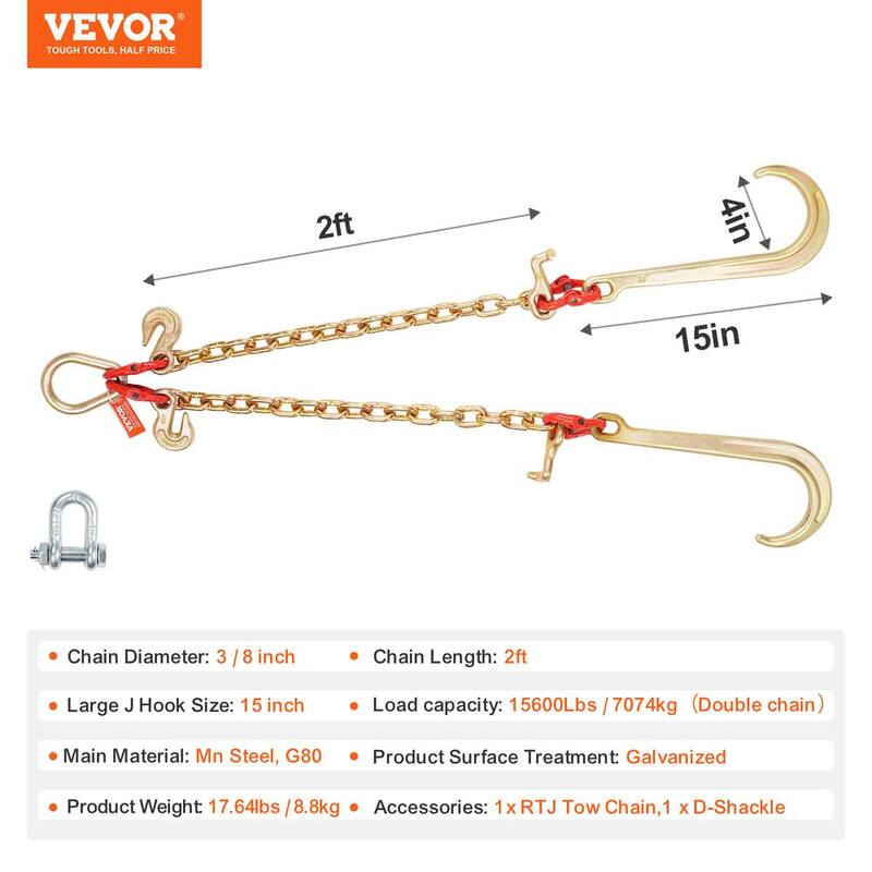 VEVOR G80 V Bridle Chain, 3/8 in. Towing Chain Bridle J Hooks, T Hooks and Grab Hooks, Chain with 7800 lbs. - RTJGTLMGDX1JBVZY8V0