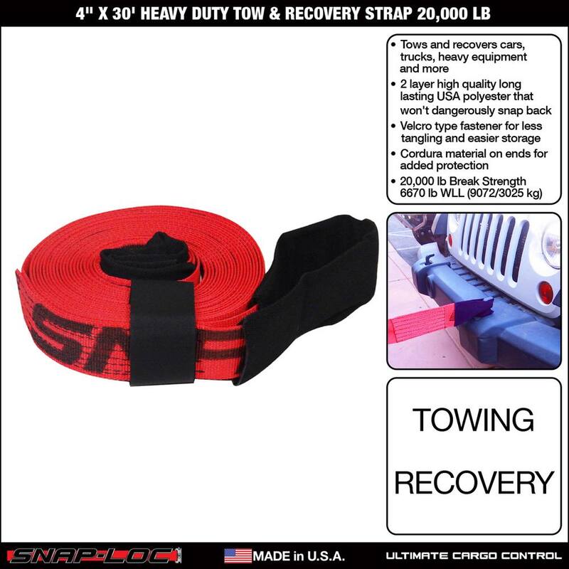 SNAP-LOC 4 in. x 30 ft. x 20,000 lbs. Tow and Lifting Strap with Hook and Loop Storage Fastener in Red - SLTT430K20R