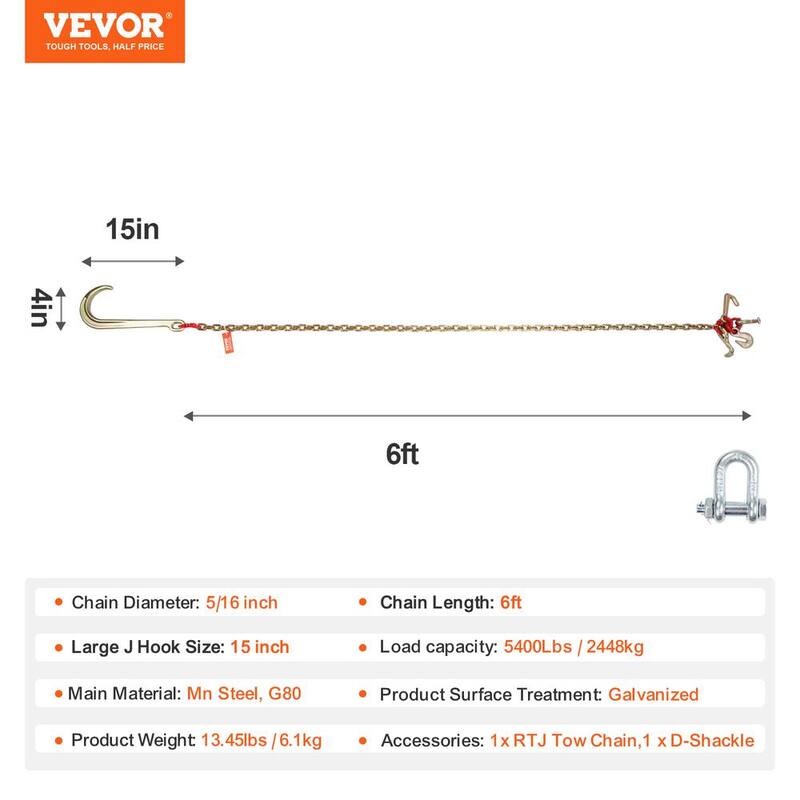 VEVOR 5/16 in. x 6 ft. G80 Tow Chain 1 5 in. J Hook Long Shank RTJ and Grab Hooks Wrecker Tie - RTJGTLMGDX1JFWHVRV0