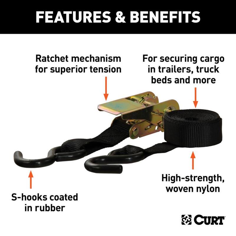 CURT 10' Black Cargo Straps with S-Hooks (500 lbs., 2-Pack) - 83009