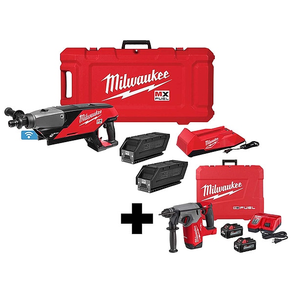 Milwaukee Tool MX Handheld Core Drill Kit and Rotary Hammer, 18 V, Includes 4 Batteries - MXF301-2CP, 2912-22