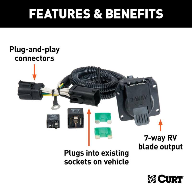CURT Custom Vehicle-Trailer Wiring Harness, 7-Way RV Blade Output, Select Ford F-150, Heritage, F-250, Quick T-Connector - 55242