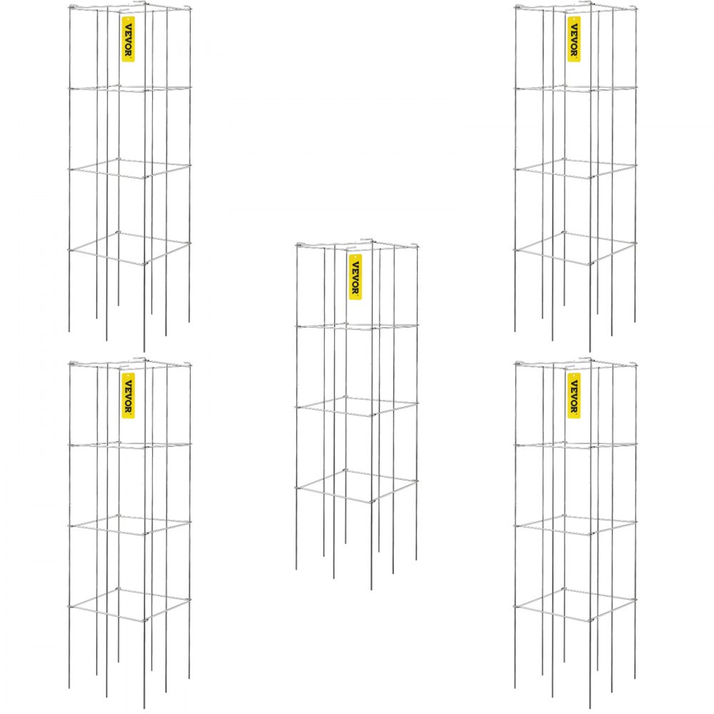 VEVOR Tomato Cages, 11.8" x 11.8" x 46.1", 5 Packs Square Plant Support Cages, Silver PVC-Coated Steel Tomato Towers for Climbing Vegetables, Plants, Flowers, Fruits - FXKZDFQZZ1246265OV0