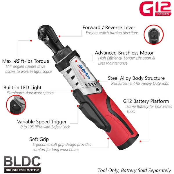 Acdelco G12 K4 Combo 1/4" BLDC Ratchet, 1/4"Impact Driver 2-battery - ARW12102-K4