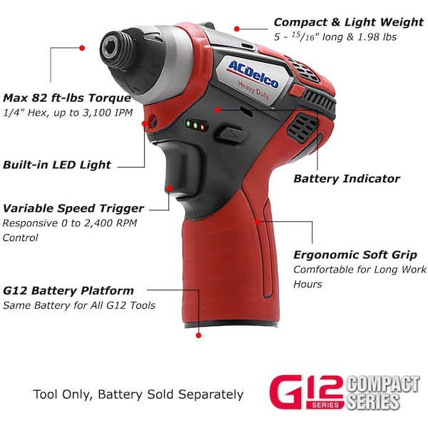 Acdelco G12 K4 Combo 1/4" BLDC Ratchet, 1/4"Impact Driver 2-battery - ARW12102-K4