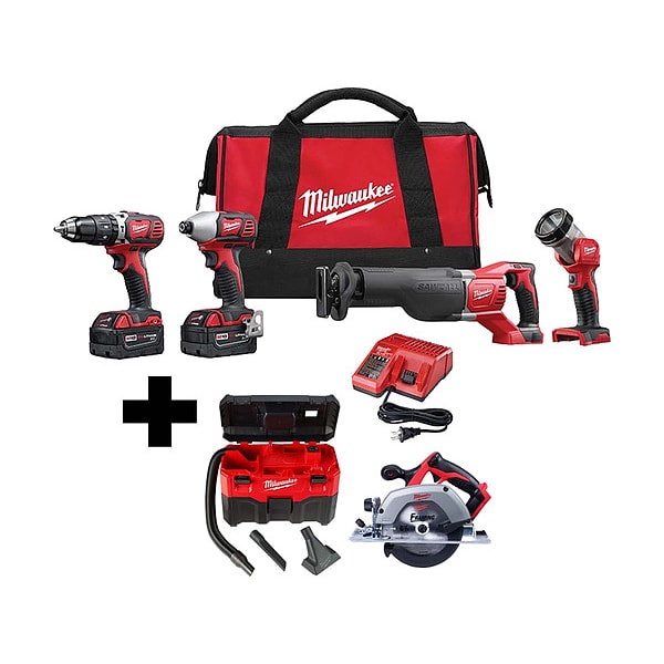 Milwaukee Tool M18 4-Tool Kit, M18 Vac, M18 6.5" Circ Saw - 2696-24, 0880-20, 2630-20