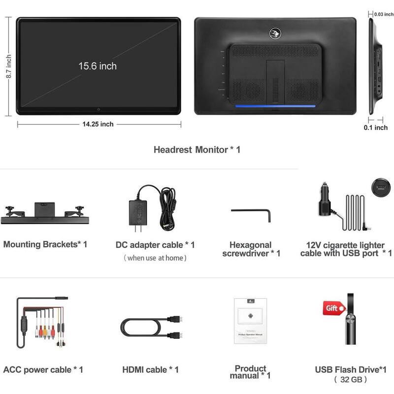 Etokfoks 15.6 in. 4K Android 11.0 Multi-Function Car TV Backseat 5G WiFi Headrest Tablet Touch Screen 1080P Bluetooth/USB/SD/HDMI - MLSA04-3LT212