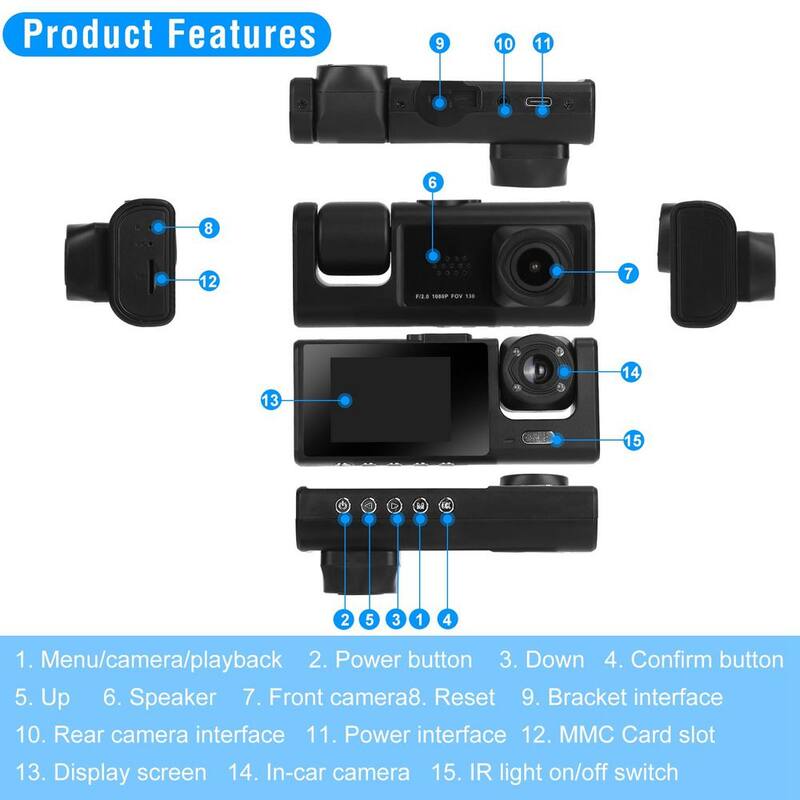 Etokfoks 3-Channel Car DVR Dash Cam Video Recorder with 1080P Front Inside Rear Camera G-Sensor Night Vision Parking Monitor - MLSA21OT007
