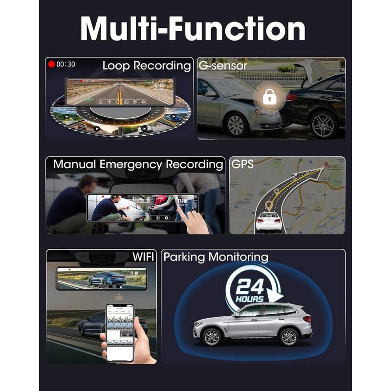 Etokfoks 12 in. 4K Rear View Camera with WiFi Dash Cam Front & Rear Camera WDR & HDR, Loop Recording, G-Sensor, Parking Monitor - MLSA04-4LT093