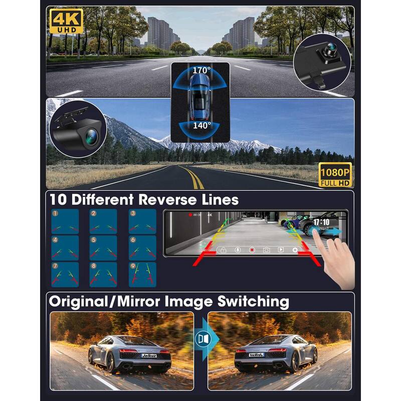 Etokfoks 12 in. 4K Rear View Camera with WiFi Dash Cam Front & Rear Camera WDR & HDR, Loop Recording, G-Sensor, Parking Monitor - MLSA04-4LT093
