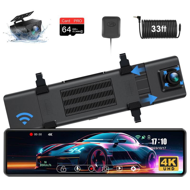 Etokfoks 12 in. 4K Rear View Camera with WiFi Dash Cam Front & Rear Camera WDR & HDR, Loop Recording, G-Sensor, Parking Monitor - MLSA04-4LT093