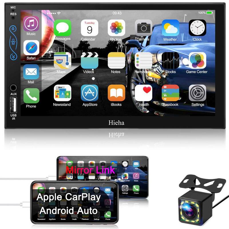 Etokfoks 7 in. Double Din Car Stereo Compatible with Apple Carplay and Android Auto, Stereo w/Bluetooth, A/V Input Backup Camera - MLSA04-4LT088