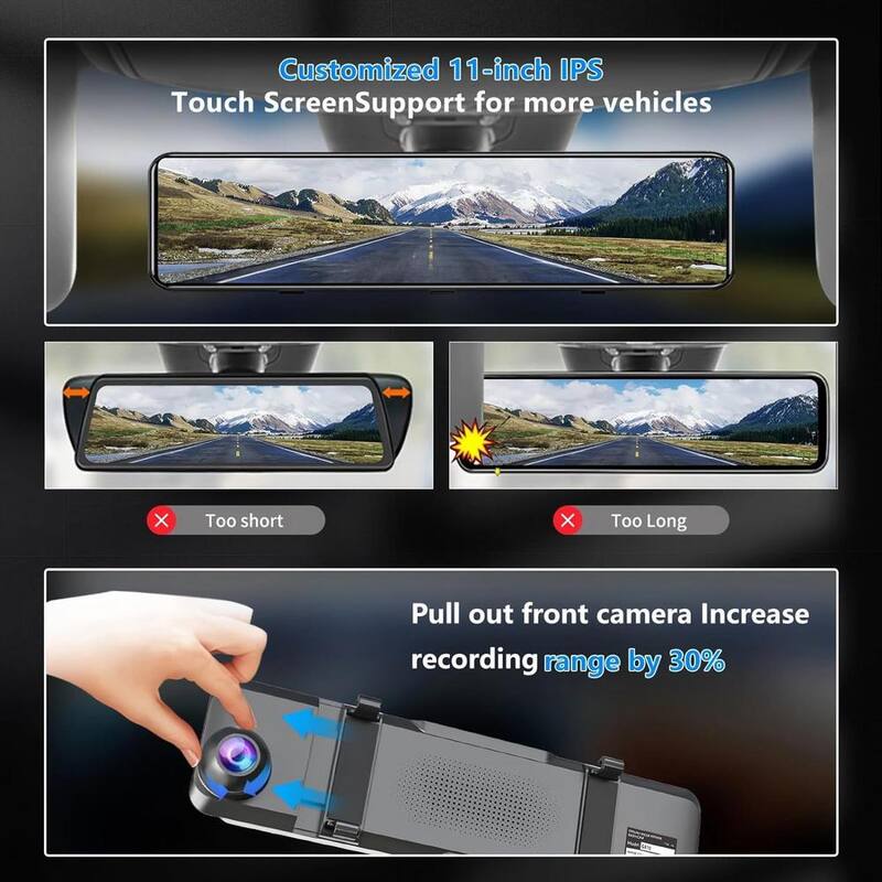 Etokfoks 11" Rear View Mirror Camera, 2160P Rearview Mirror Backup Camera, 4K Mirror Dash Cam Front and Rear, IPS Touch Screen - MLSA04-3LT231