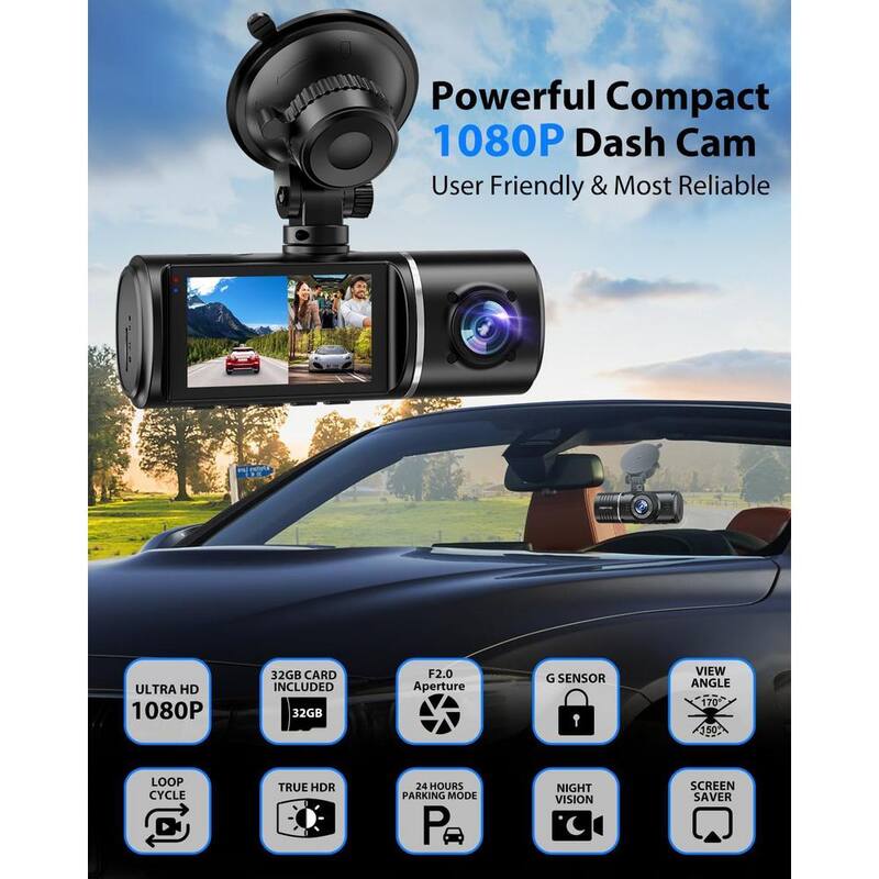 Etokfoks 1080P 3 Channel Dash Cam Front, Rear and Inside Dash Cam Loop Recording with 32GB Card, HDR, G-Sensor, 24Hr Parking - MLSA04-4LT107
