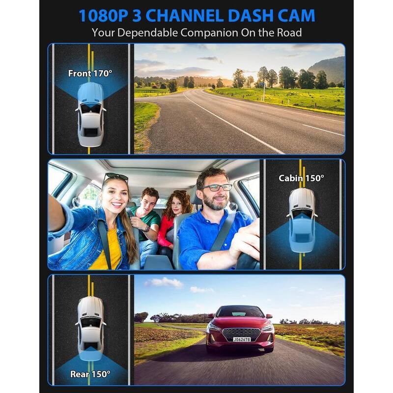 Etokfoks 1080P 3 Channel Dash Cam Front, Rear and Inside Dash Cam Loop Recording with 32GB Card, HDR, G-Sensor, 24Hr Parking - MLSA04-4LT107