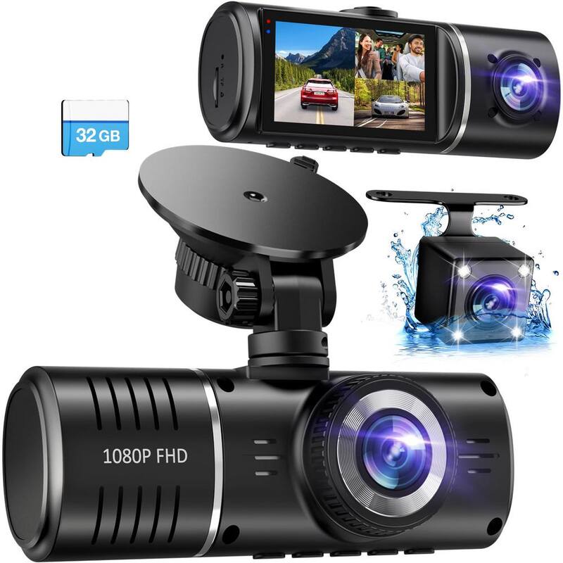 Etokfoks 1080P 3 Channel Dash Cam Front, Rear and Inside Dash Cam Loop Recording with 32GB Card, HDR, G-Sensor, 24Hr Parking - MLSA04-4LT107
