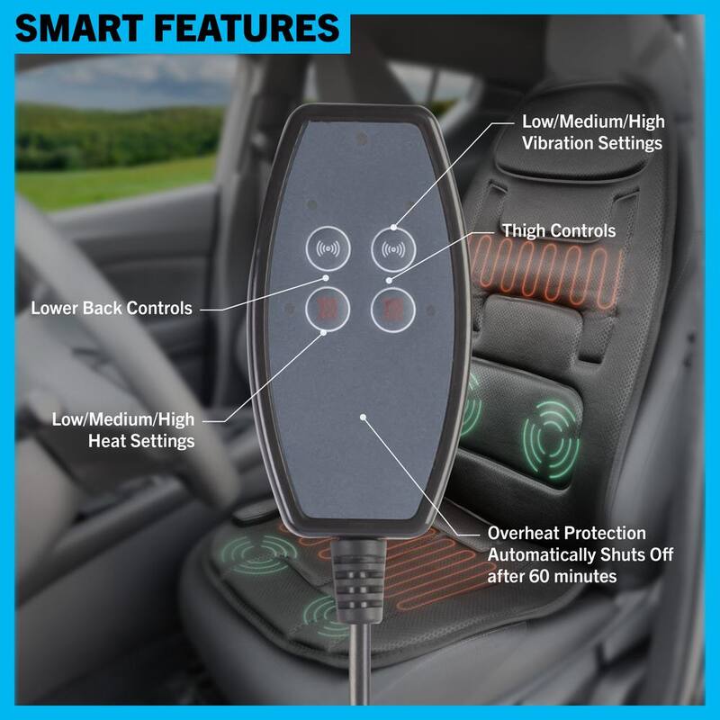 Stalwart 19 in L x 0.5 in W x 42 in H 12-Volt Vibrating Heating Pad with 3 Levels for Car Seat - Driver or Passenger (Black) - 75-CAR2006