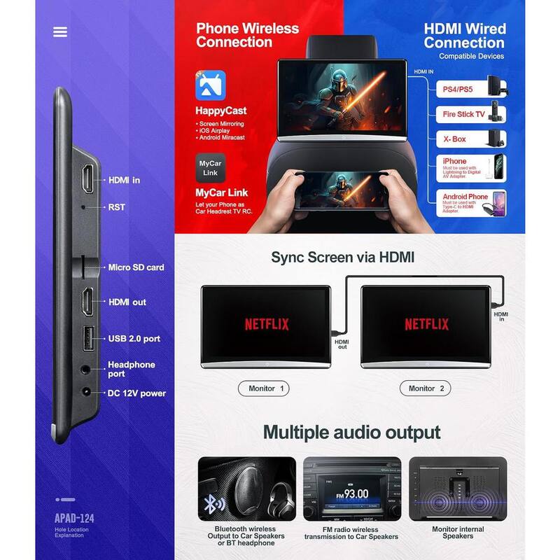Etokfoks 12.4 4K Android Portable Car TV Headrest Monitor Tablet for Back Seat, Support Phone Wireless Mirror Link Touch Screen - MLSA04-3LT227
