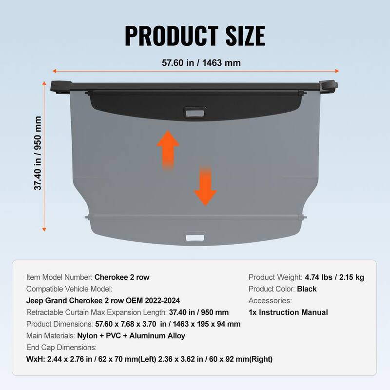 VEVOR Retractable Cargo Cover, Upgraded Waterproof Trunk Cover Security Shield Shade for Jeep Grand Cherokee 2 Row 2022-2024 - YCKSSSHCGYCK7IFY2V0