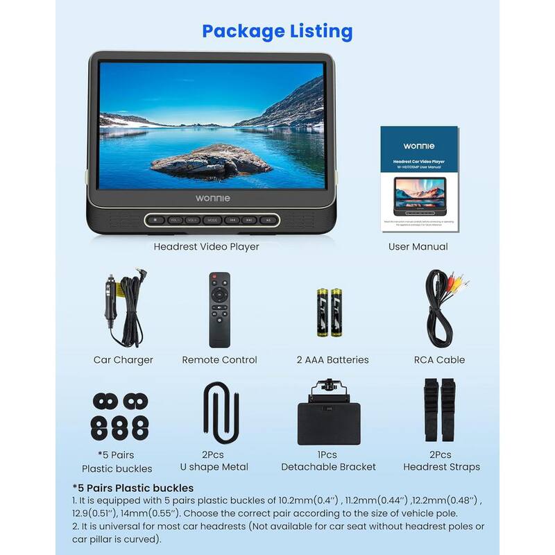 Etokfoks 12 in. Headrest Video Player for Car Support 1080P/MP4 Video with HDMI Input/Output Mounting Bracket AV w/ Remote - MLSA04-3LT233