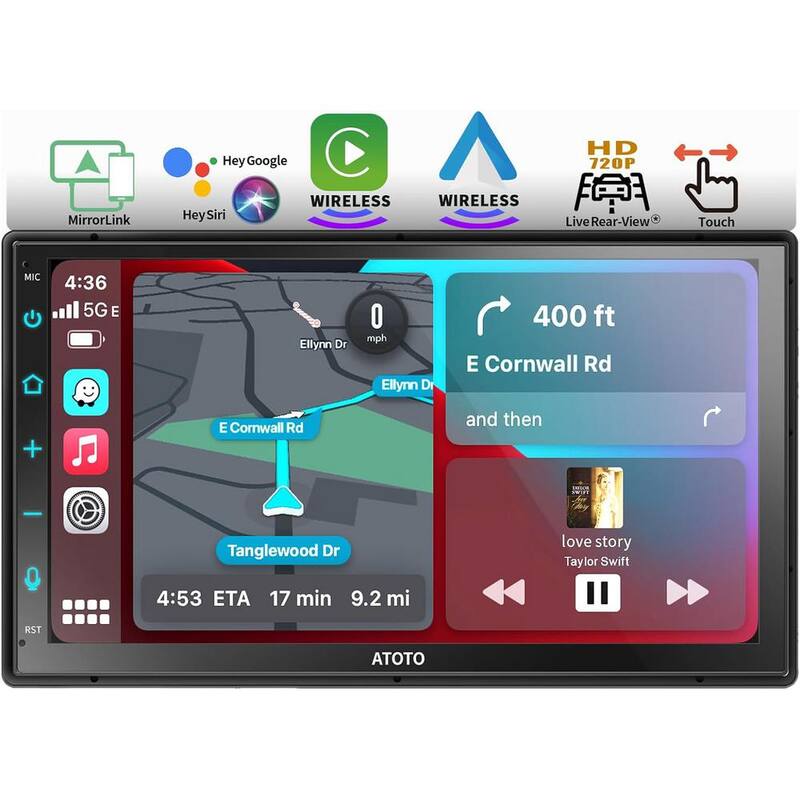 Etokfoks 7 in. Touchscreen Double DIN Car Stereo, Wireless CarPlay and Wireless Android Auto In-Dash Video Receivers, Bluetooth - MLSA04-3LT207