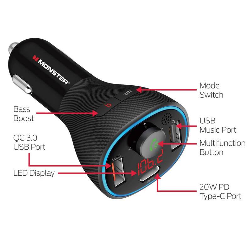 Monster Bluetooth FM Transmitter with Dual Charging Type-C PD QC3.0 - MCC9-1035-BLK