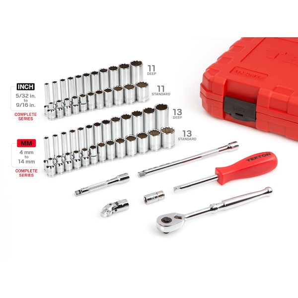 Tekton 1/4 Inch Drive 12-Point Socket and Ratchet Set, 55-Piece (5/32-9/16 in., 4-14 mm) - SKT05302