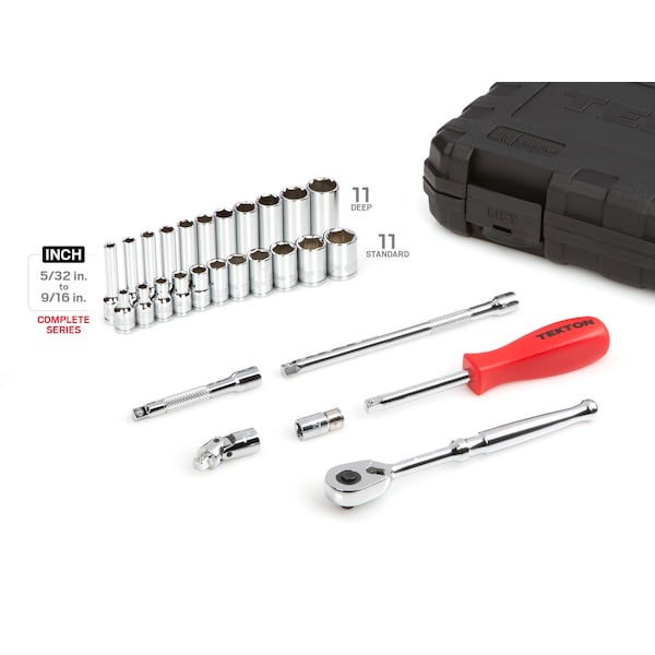 Tekton 1/4 Inch Drive 6-Point Socket and Ratchet Set, 29-Piece (5/32-9/16 inch) - SKT05101