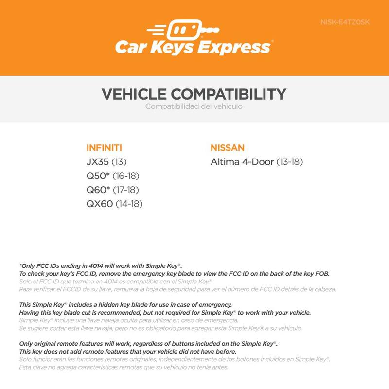 Car Keys Express Simple Key, Key Fob and Key Fob Programmer for Select Nissan and Infiniti (Vehicle List B, 4 Button) - NISK-E4TZ0SK