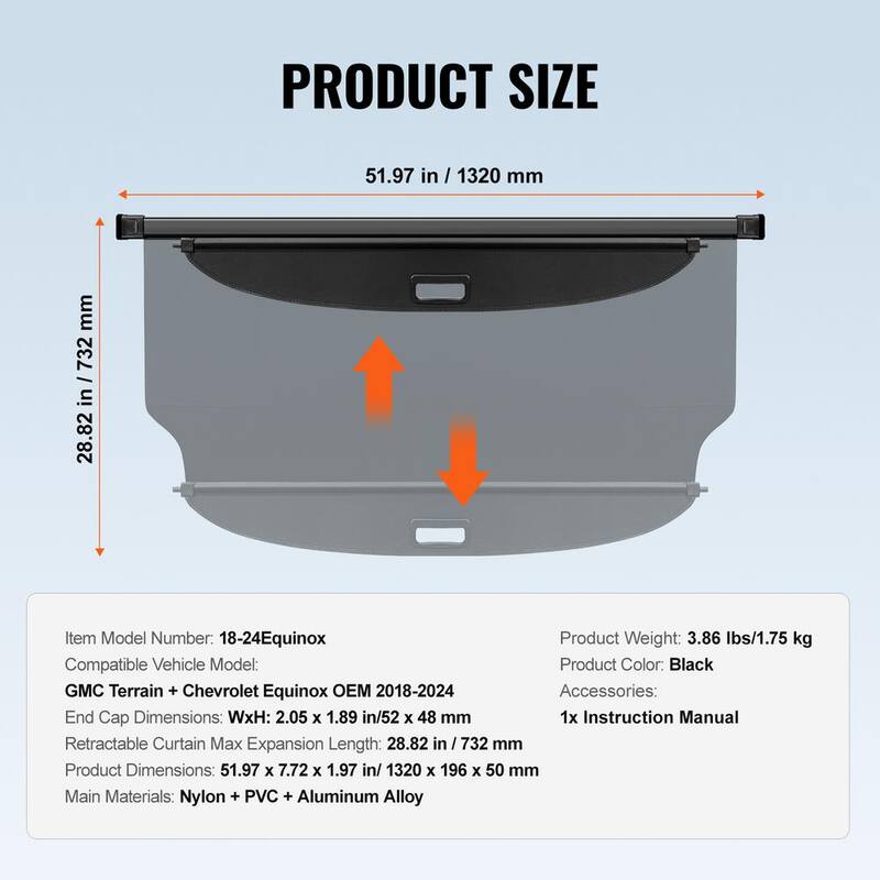 VEVOR Retractable Cargo Cover for Chevrolet, Waterproof Trunk Cover Security Shield Shade for GMC Terrain + Chevrolet Equinox - YCKSSSHCGYCKRKCRGV0