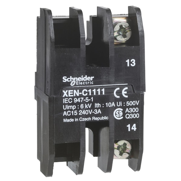 Bloque de contacto Schneider Electric, Harmony XAC, un contacto, retorno por resorte, velocidad única, montaje frontal, 1NC + 1NO - XENC1151