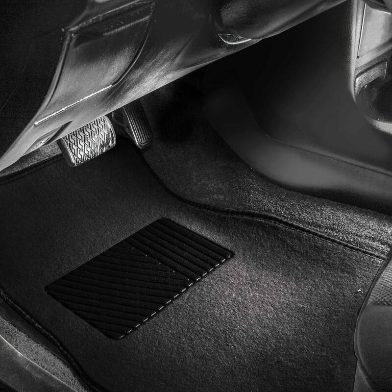 FH Group Non Slip Black with Striped Heel Pad 4 Pieces 28 in. x 18 in. Soft Carpet Car Floor Mats - DMF14403BLACK