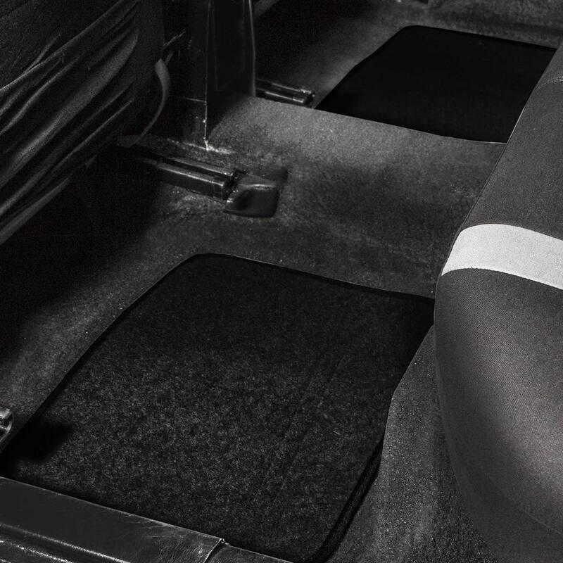 FH Group Non Slip Black with Striped Heel Pad 4 Pieces 28 in. x 18 in. Soft Carpet Car Floor Mats - DMF14403BLACK