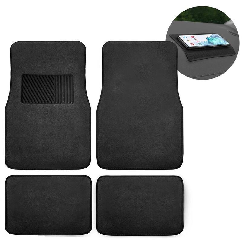 FH Group Non Slip Black with Striped Heel Pad 4 Pieces 28 in. x 18 in. Soft Carpet Car Floor Mats - DMF14403BLACK