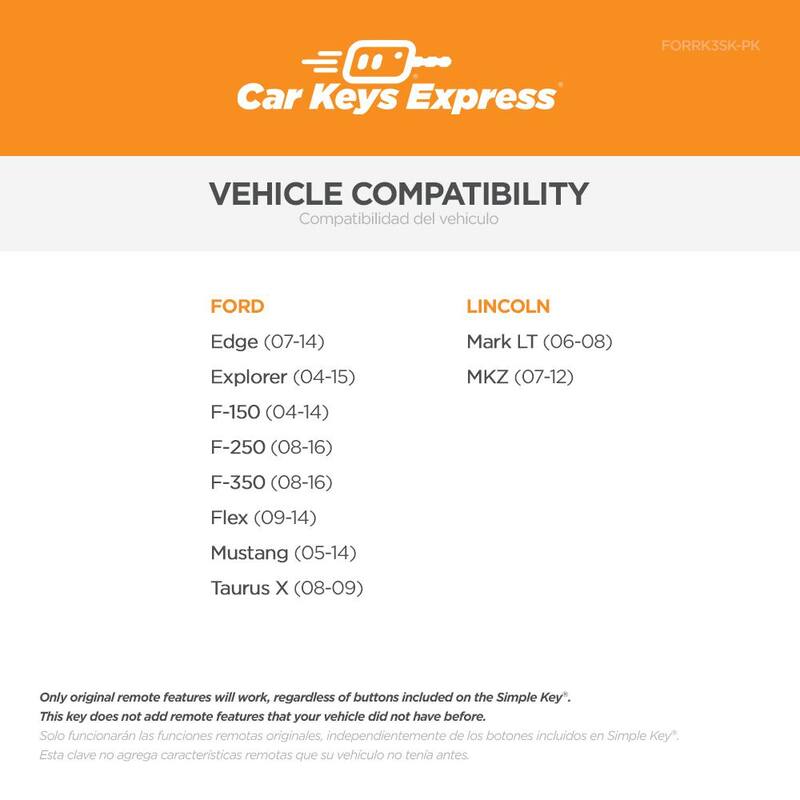 Car Keys Express Simple Key Replacement Kit for Ford and Lincoln - 3 Button Key Fob with Lock,Unlock,Panic Functions and Easy Programmer - FORRK3SK-PK